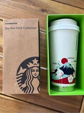 Starbucks White Travel Tumbler with Red, Green & Pink Japan Motif